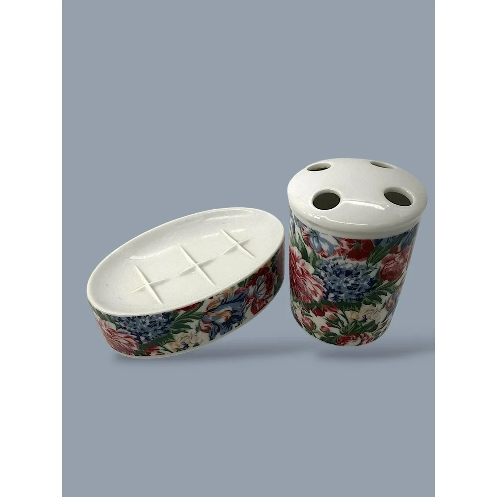 Vintage Floral Ceramic Bathroom Set Soap Dish & Toothbrush Holder